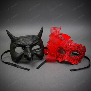 Black Horned Demon Mask & Red Lace Feather Masquerade Couple Mask Set